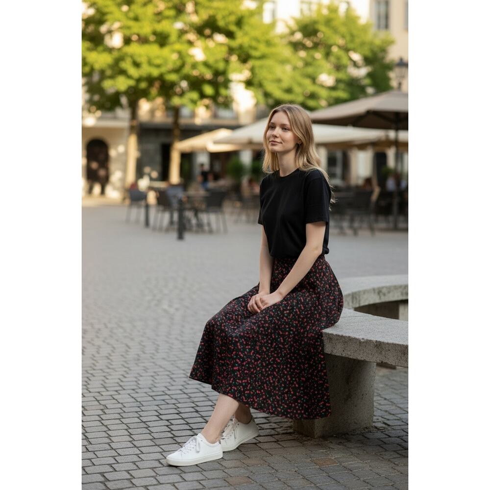 Tulip B Cherry Print Midi Skirt Small Black Red A-Line NWT Lined Retro - Picture 4 of 11